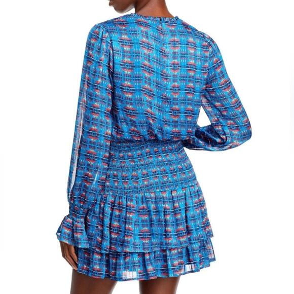 Aqua/Pendleton Womens Ruffled V-Neck Blue Southwest Print Shimmer Mini Dress XS - Picture 2 of 9